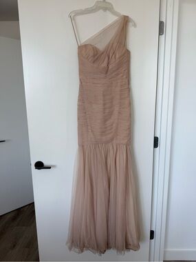 Amsale One-Shoulder Blush/Nude Tulle Mermaid Gown